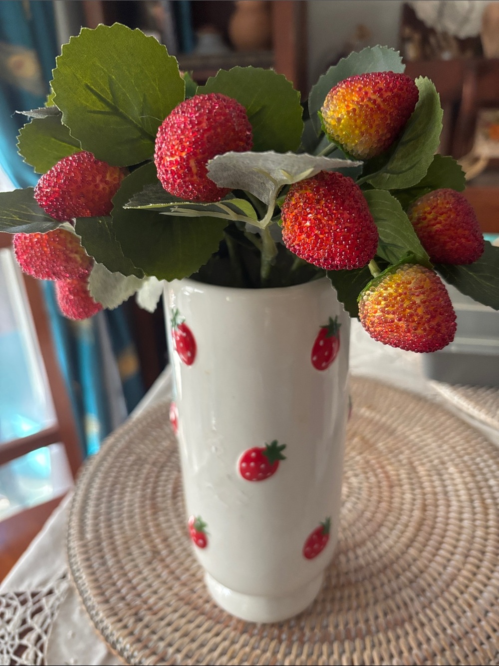 White Strawberry Ceramic Vase with Red Berry Motif